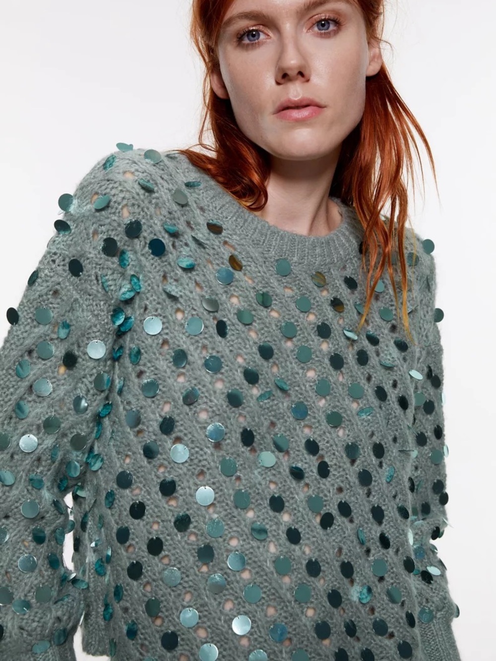 Zara Knit Sweater Disco Sequin Teal